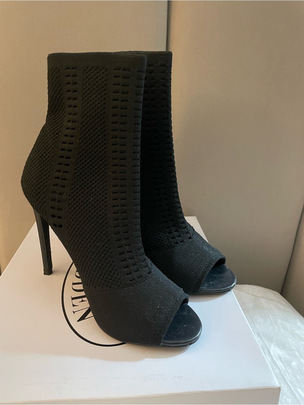 Steve Madden Black Peep-Toe Knit Ankle Booties